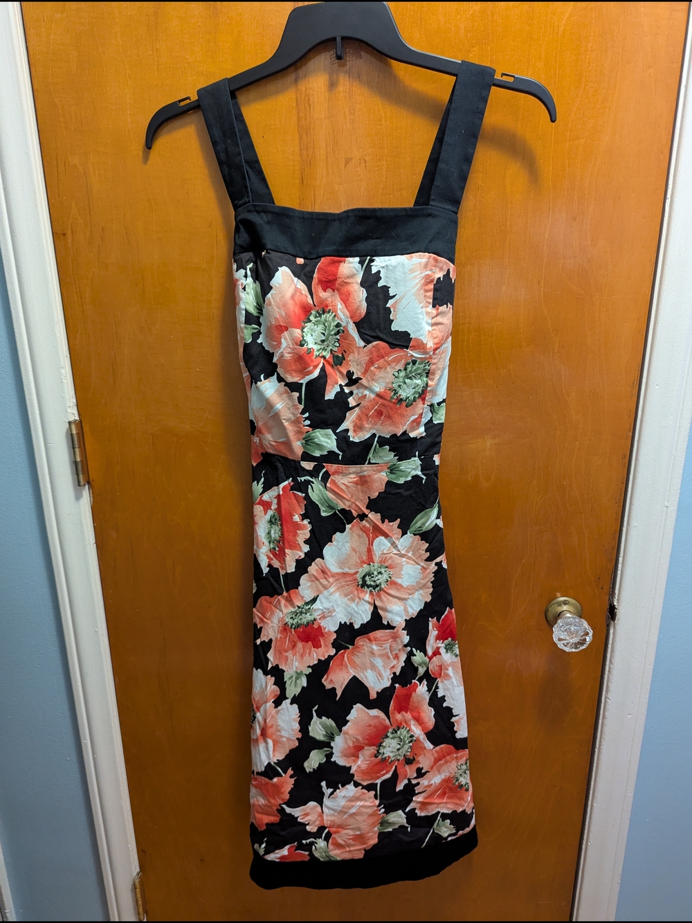 Black Midi Dress with Coral Floral Print and Wide Straps